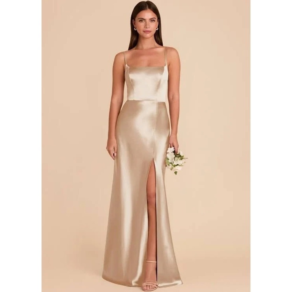 Birdy Grey Mia Matte Satin Dress Neutral Champagne Slit Bridesmaid Gown Size S